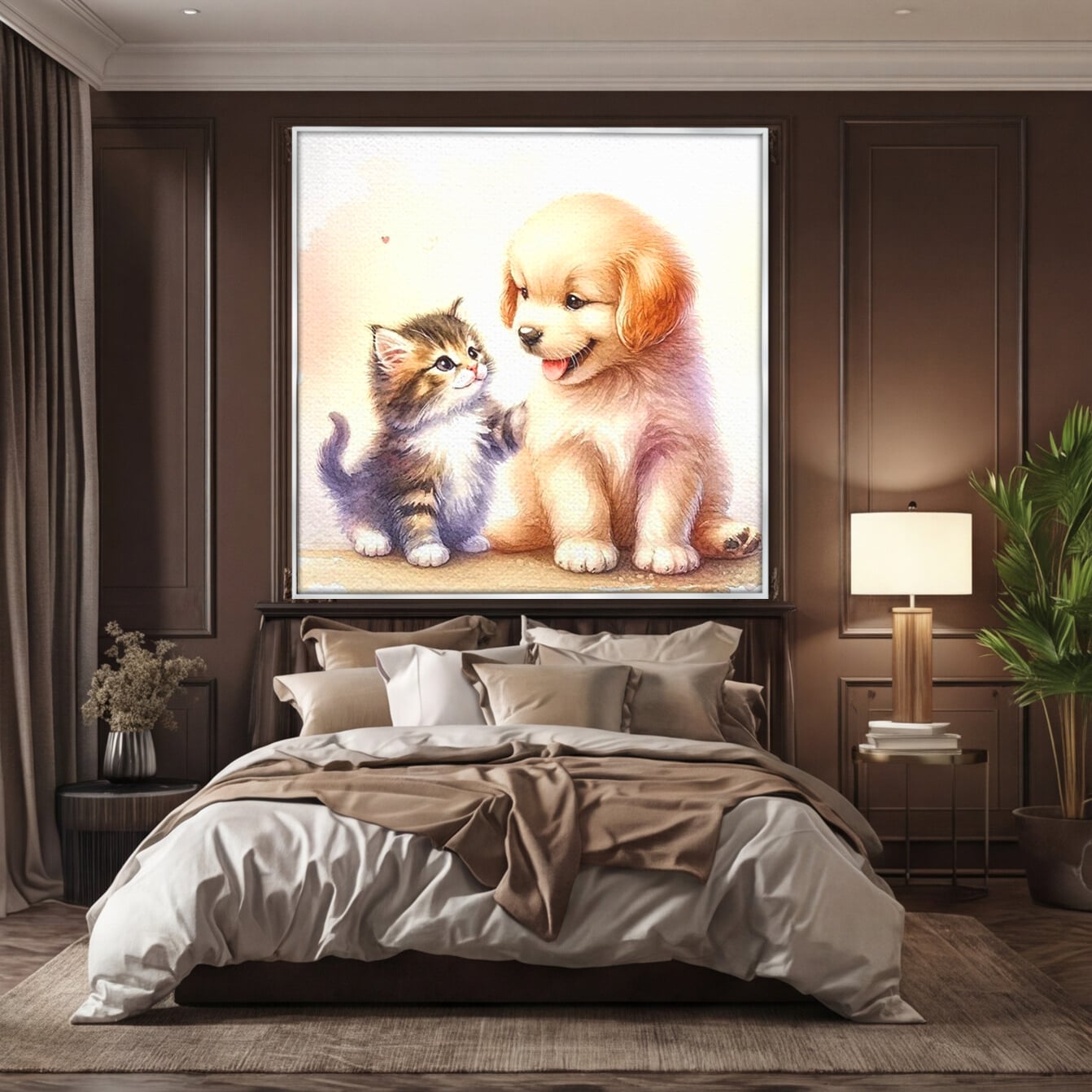 Tablou canvas cu ilustratie acuarela cu catel si pisicuta, in rama de aluminiu argintiu, pe perete intr-un dormitor